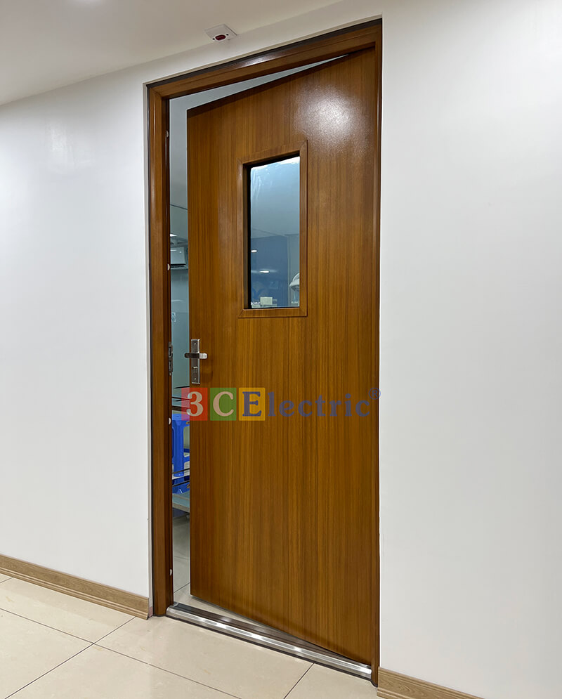 Cửa thép ngăn cháy vân gỗ 1 cánh có ô kính