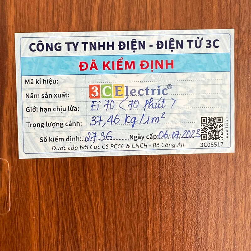 tem kiểm định cửa chống cháy vân gỗ 70 phút tem kiểm định cửa chống cháy vân gỗ 70 phút